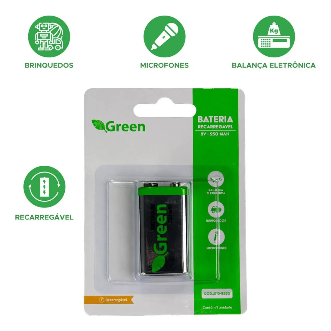 BATERIA 9V RECARREGAVEL 250 MAH 013-9250 GREEN