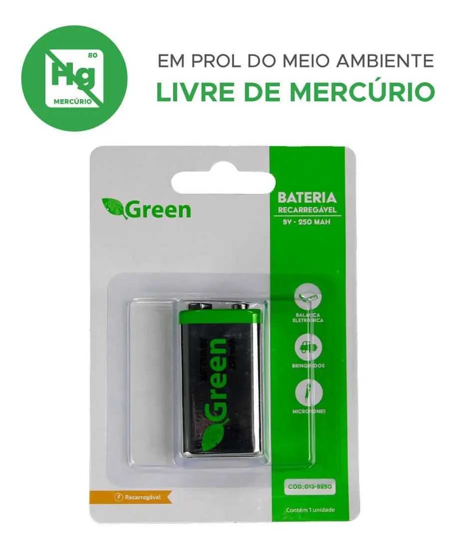 BATERIA 9V RECARREGAVEL 250 MAH 013-9250 GREEN