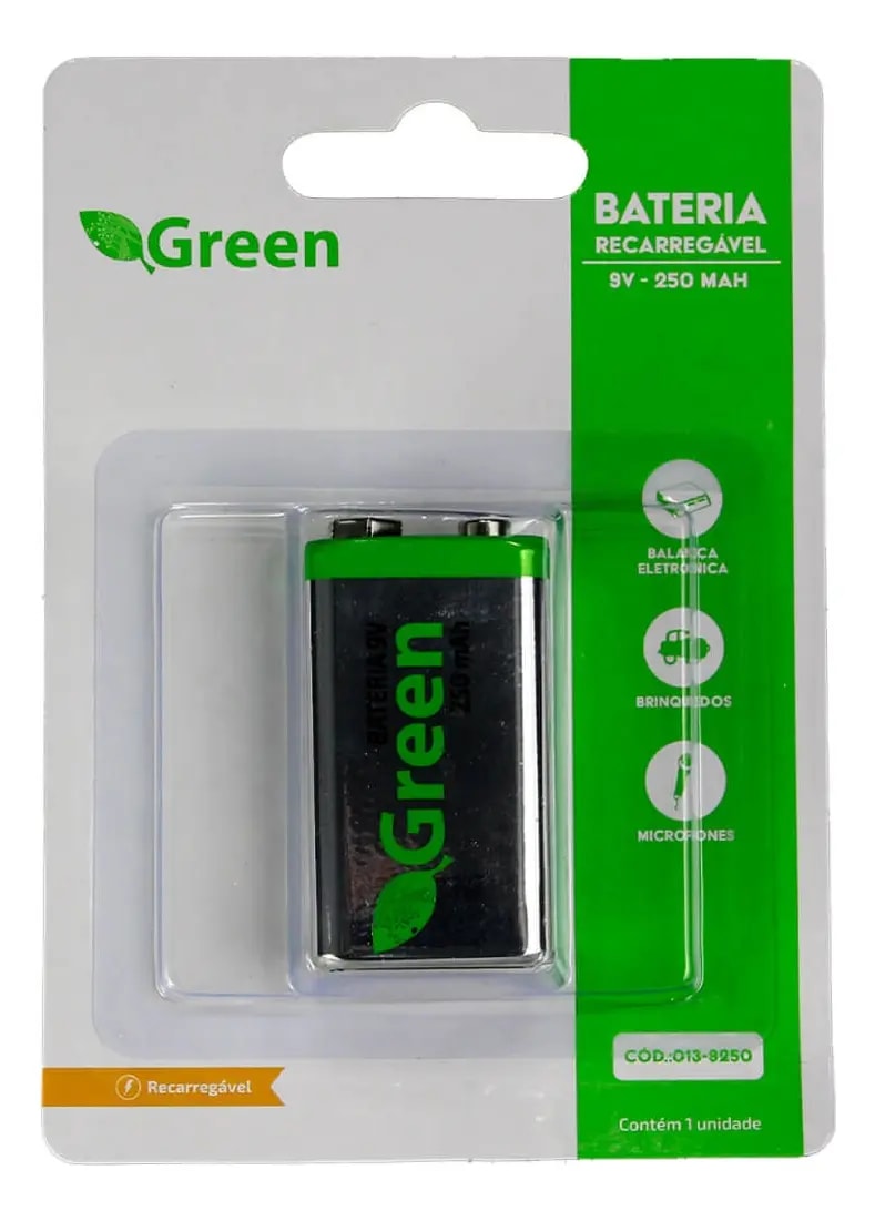 BATERIA 9V RECARREGAVEL 250 MAH 013-9250 GREEN