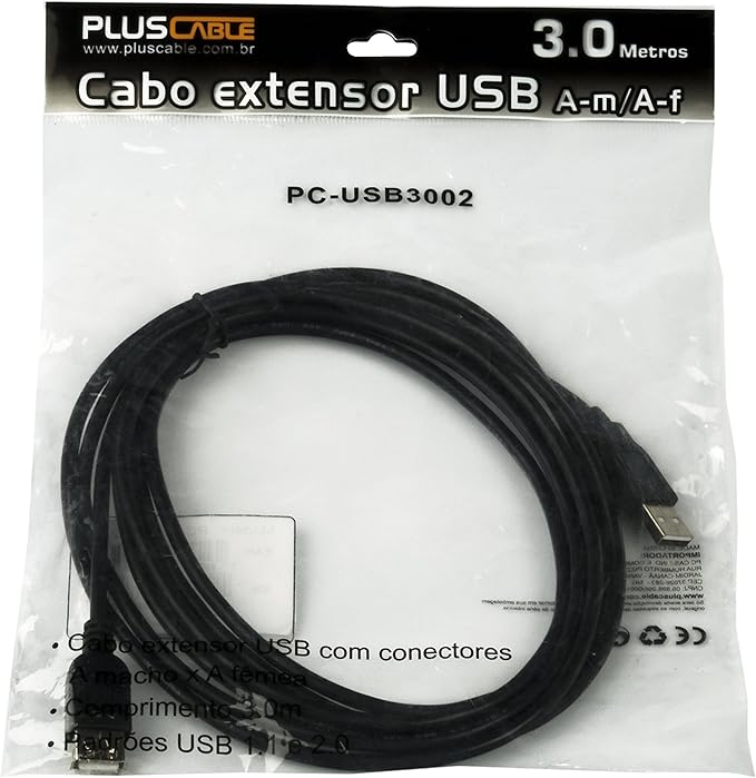 CABO EXTENSOR USB 2.0 3M PCUSB3002 PLUSCABLE