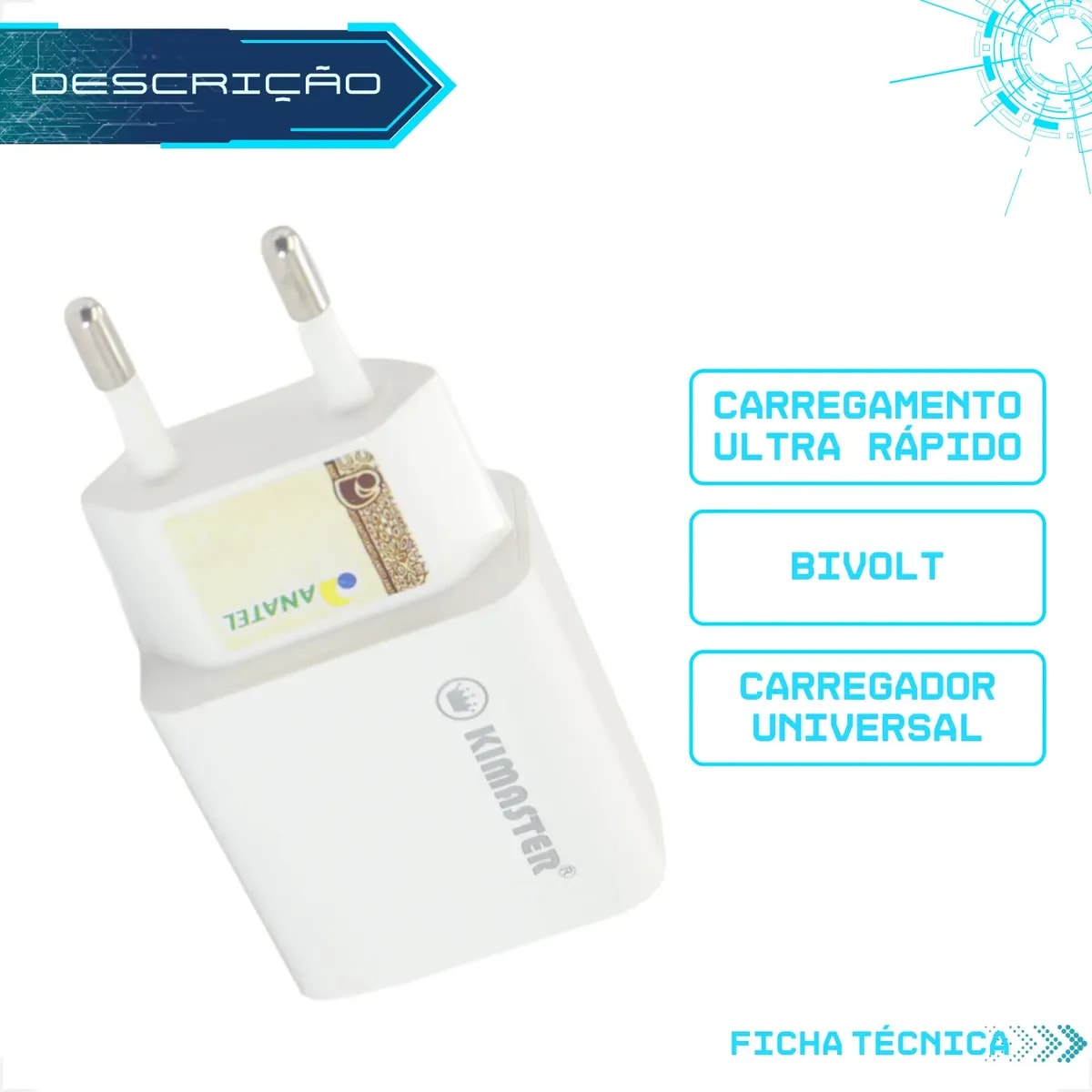 CARREGADO TOMADA USB 3.1A BRANCO T502 KIMASTER