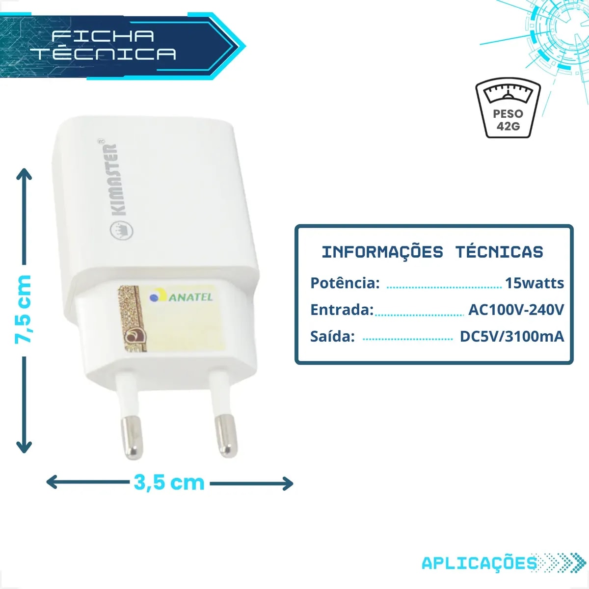 CARREGADO TOMADA USB 3.1A BRANCO T502 KIMASTER