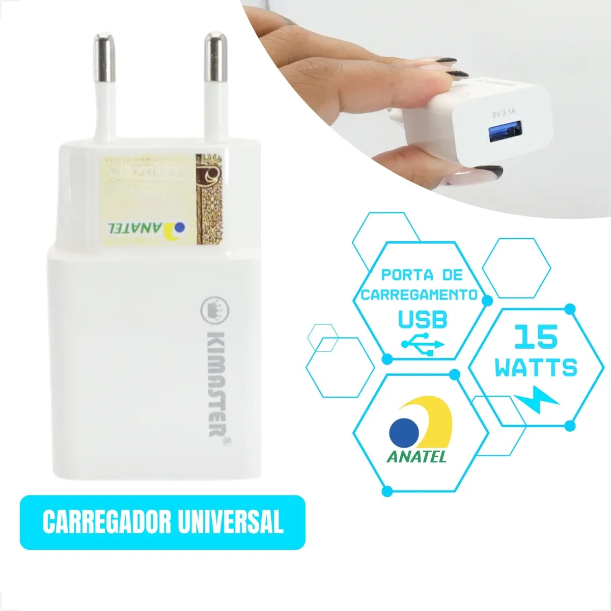 CARREGADO TOMADA USB 3.1A BRANCO T502 KIMASTER