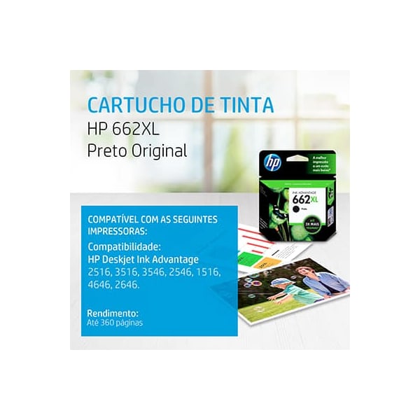 CARTUCHO HP 662XL ORIGINAL (CZ105AB) PRETO 6,5ML