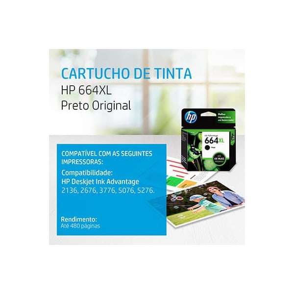 CARTUCHO HP 664XL ORIGINAL (F6V31AB) PRETO 8,5ML
