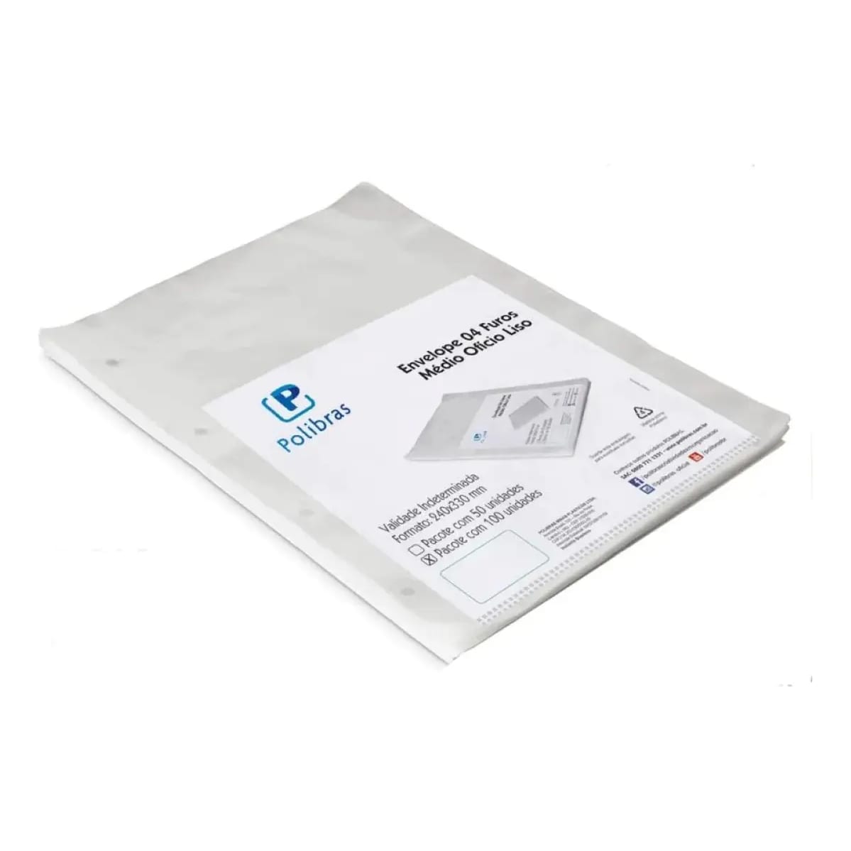 ENVELOPE PLASTICO OFICIO MEDIO 4 FUROS PCT/100 - 010MM