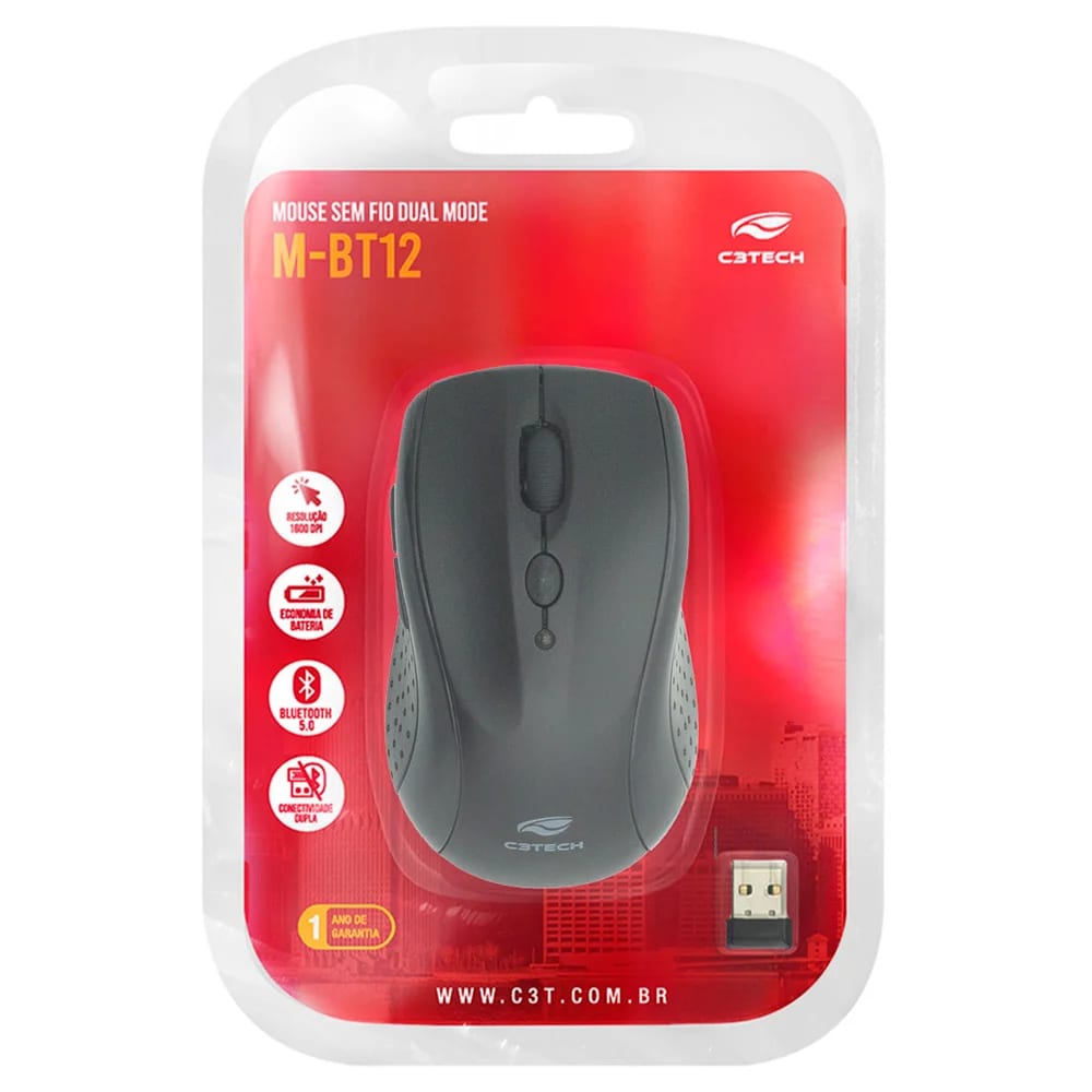 Mouse USB sem Fio e Bluetooth M-BT12BK Preto C3TECH