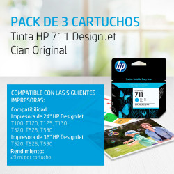 PACK CARTUCHO DE TINTA C/ 3 UN HP 711 ORGINAL AZUL 3 UN 3X29ML