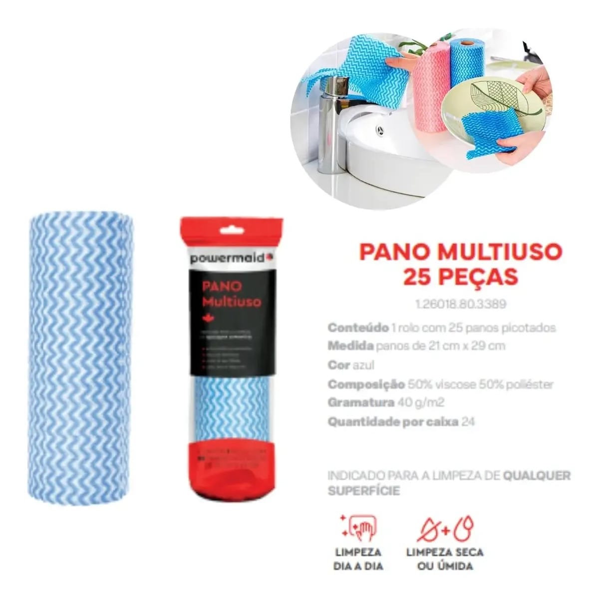 PANO MULTIUSO 21X29CM AZUL C/25UNIDADES ROLO 1.26018.80.3389 - POWERMA