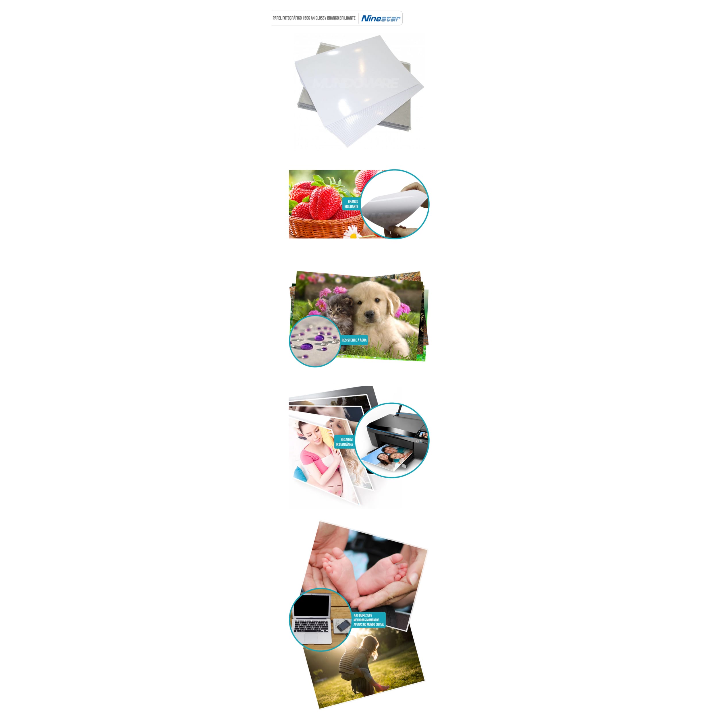 PAPEL FOTO GLOSSY 150G NINESTAR--50FOLHAS